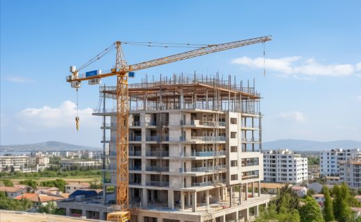 Efficient construction crane in action. building impressive tall skyscrapers
